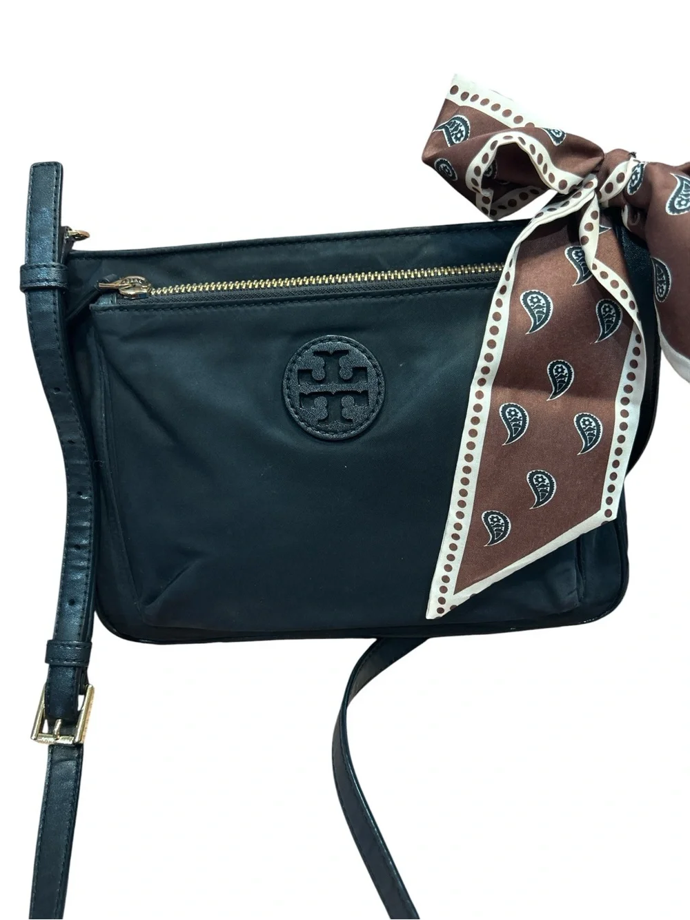 Tory Burch Black Nylon Crossbody with Brown Paisley Scarf